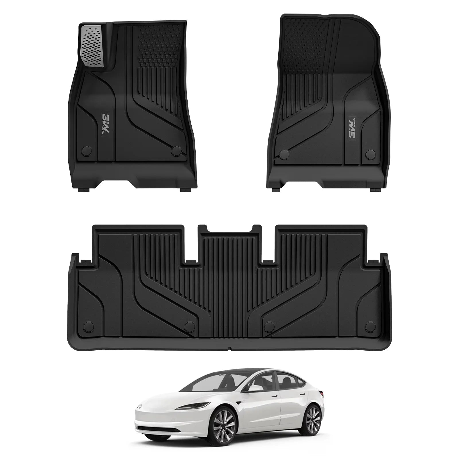 3W Tesla Model 3 Highland New Generation Custom 1&2 Row Floor Mats with Aluminum Accents TPE Material & All-Weather Protection Vehicles & Parts 3Wliners 2024 2025 2026 Car Accessories Black