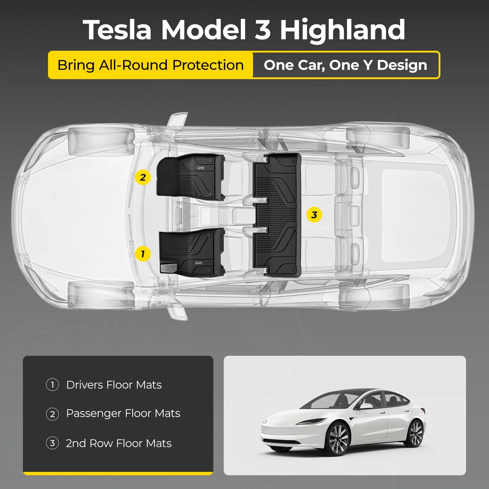 3W Tesla Model 3 Highland New Generation Custom 1&2 Row Floor Mats with Aluminum Accents TPE Material & All-Weather Protection Vehicles & Parts 3Wliners 2024 2025 2026 Car Accessories Black
