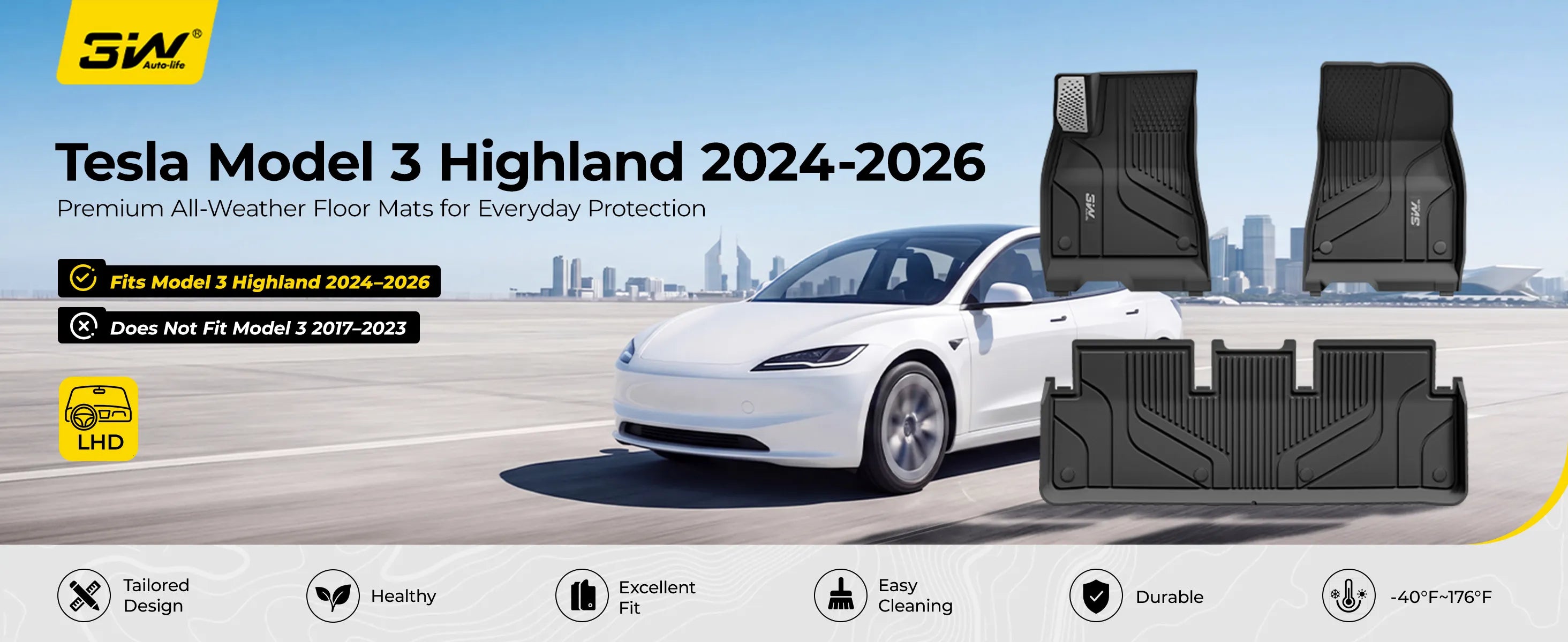 3W Tesla Model 3 Highland New Generation Custom 1&2 Row Floor Mats with Aluminum Accents TPE Material & All-Weather Protection Vehicles & Parts 3Wliners 2024 2025 2026 Car Accessories Black
