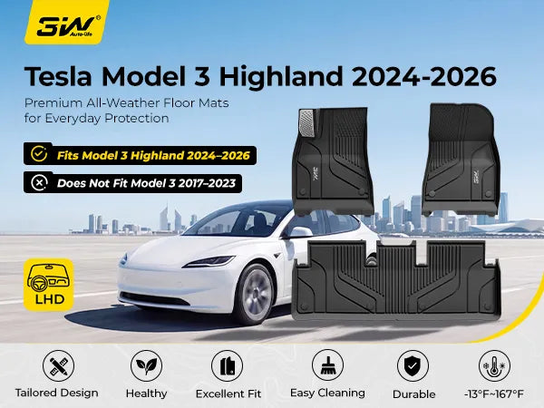 3W Tesla Model 3 Highland New Generation Custom Floor Mats with Aluminum Accents TPE Material & All-Weather Protection Vehicles & Parts 3Wliners 2024 2025 2026 Car Accessories Black