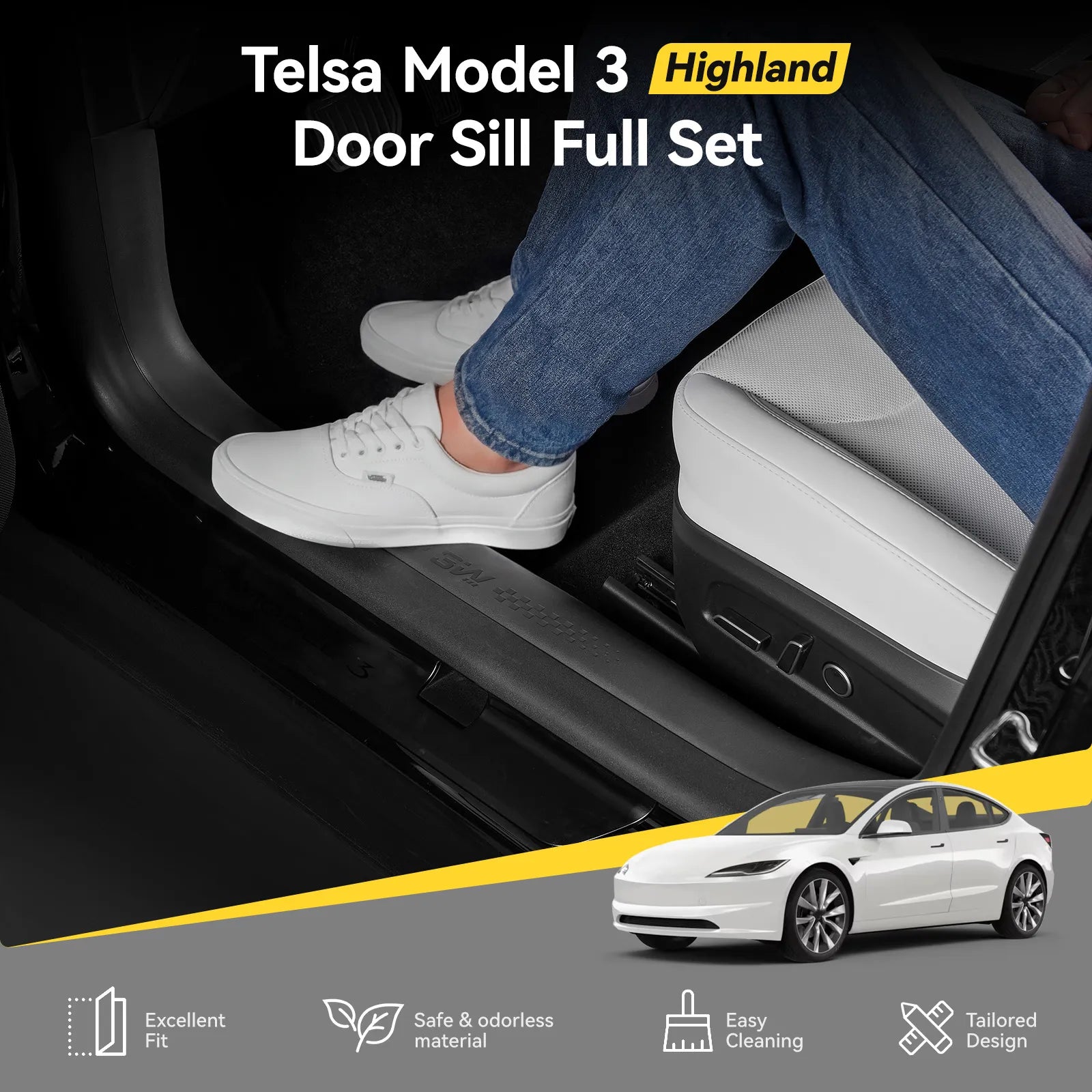 3W Tesla Model 3 Highland 2024-2026 Door Sill Guards 5PCS Trunk Protector Custom Fit Car Accessories TPE Anti-Kick Door Entry Cover