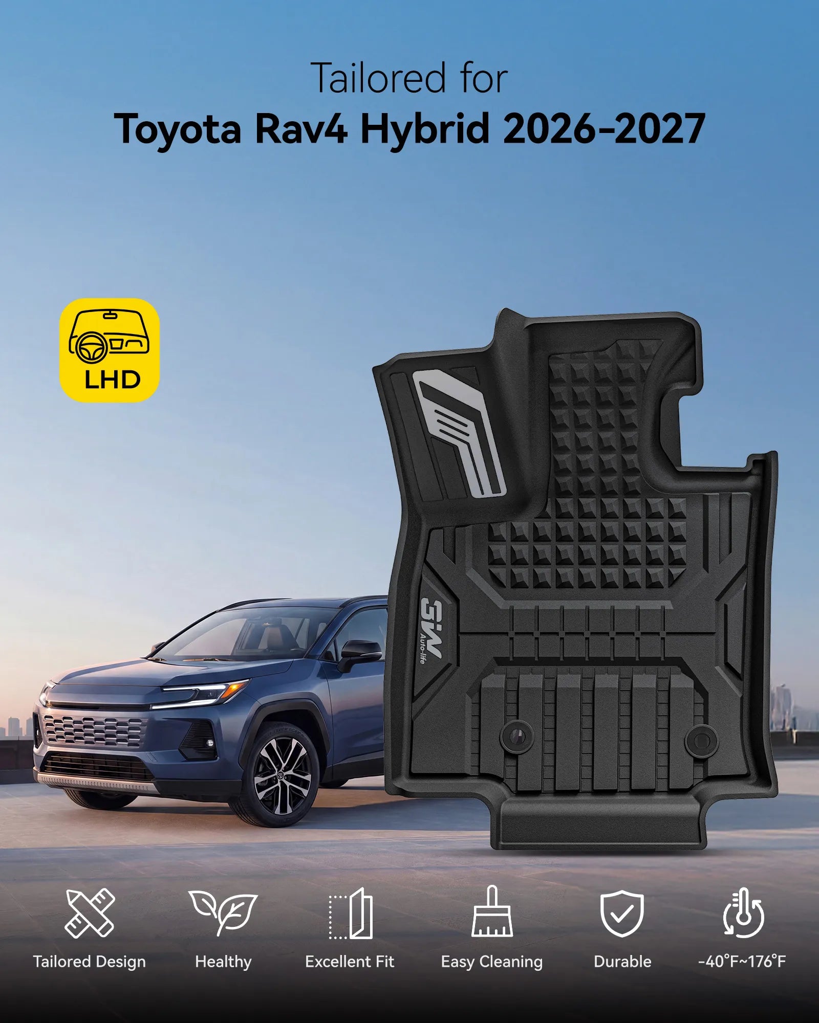 3W Floor Mats for Toyota RAV4 Hybrid 2026 TPE All-Weather Custom Fit All Weather TPE Custom Fit Liners & Backrest Mats, Raised Edges Trap Water & Dirt, Perfect All-season Protection, Black, Car Accessories