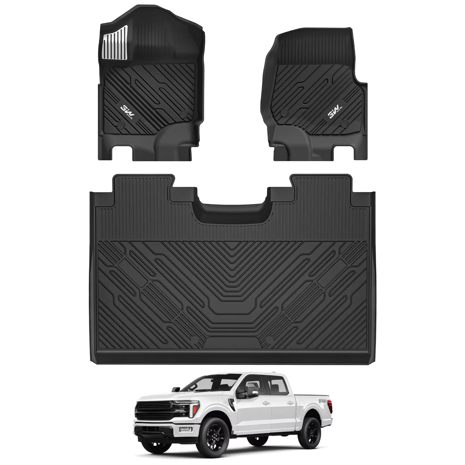 3W Ford F150 Custom Floor Mats F-150 Lightning SuperCrew Cab 2015-2026 TPE Material & All-Weather Protection (without Original Folding Under-Seat Storage Box)