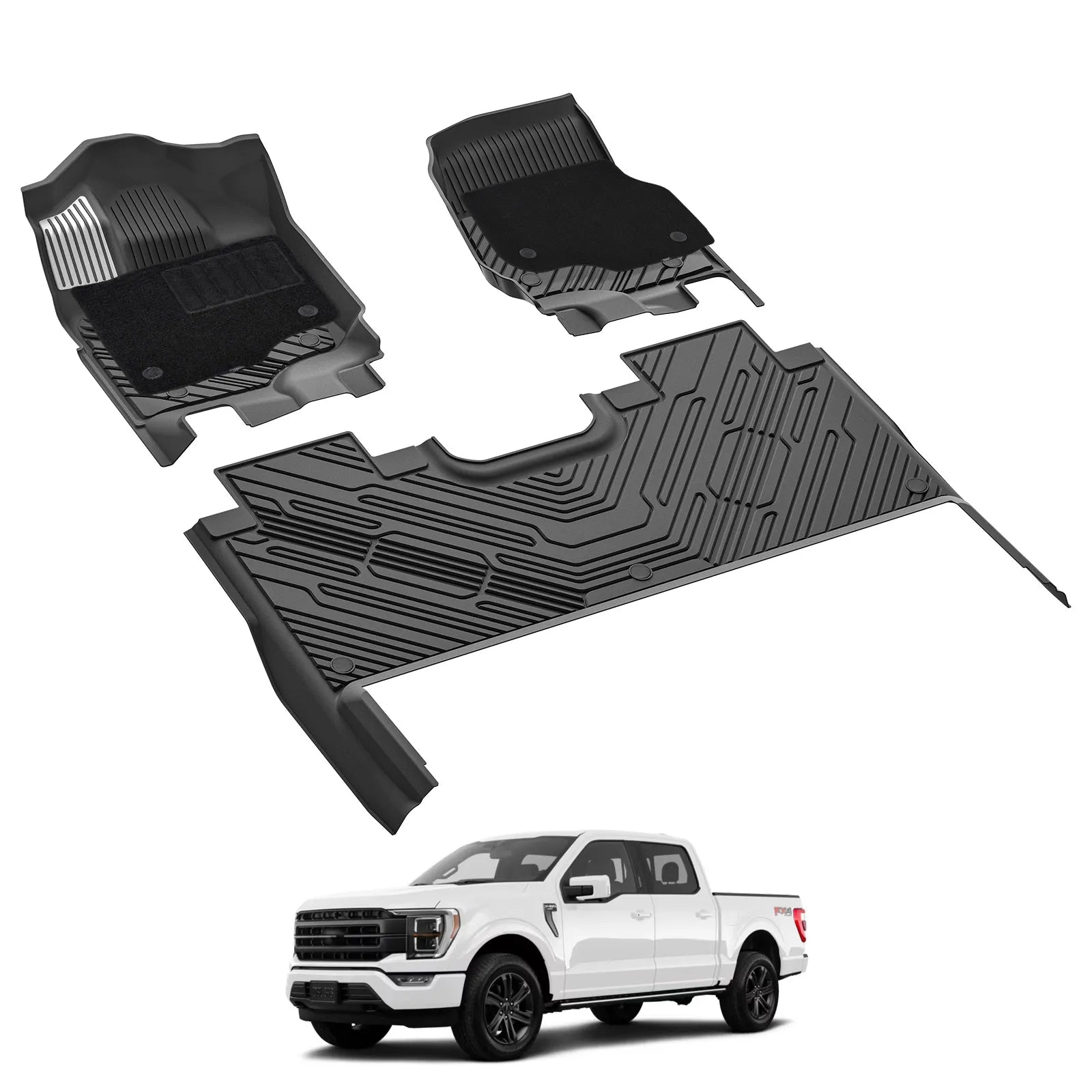 3W All-Weather Thorex™ Floor Mats Fit Ford F150 / F-150 Lightning SuperCrew Cab 2015-2026 (with Original Folding Under-Seat Storage Box)