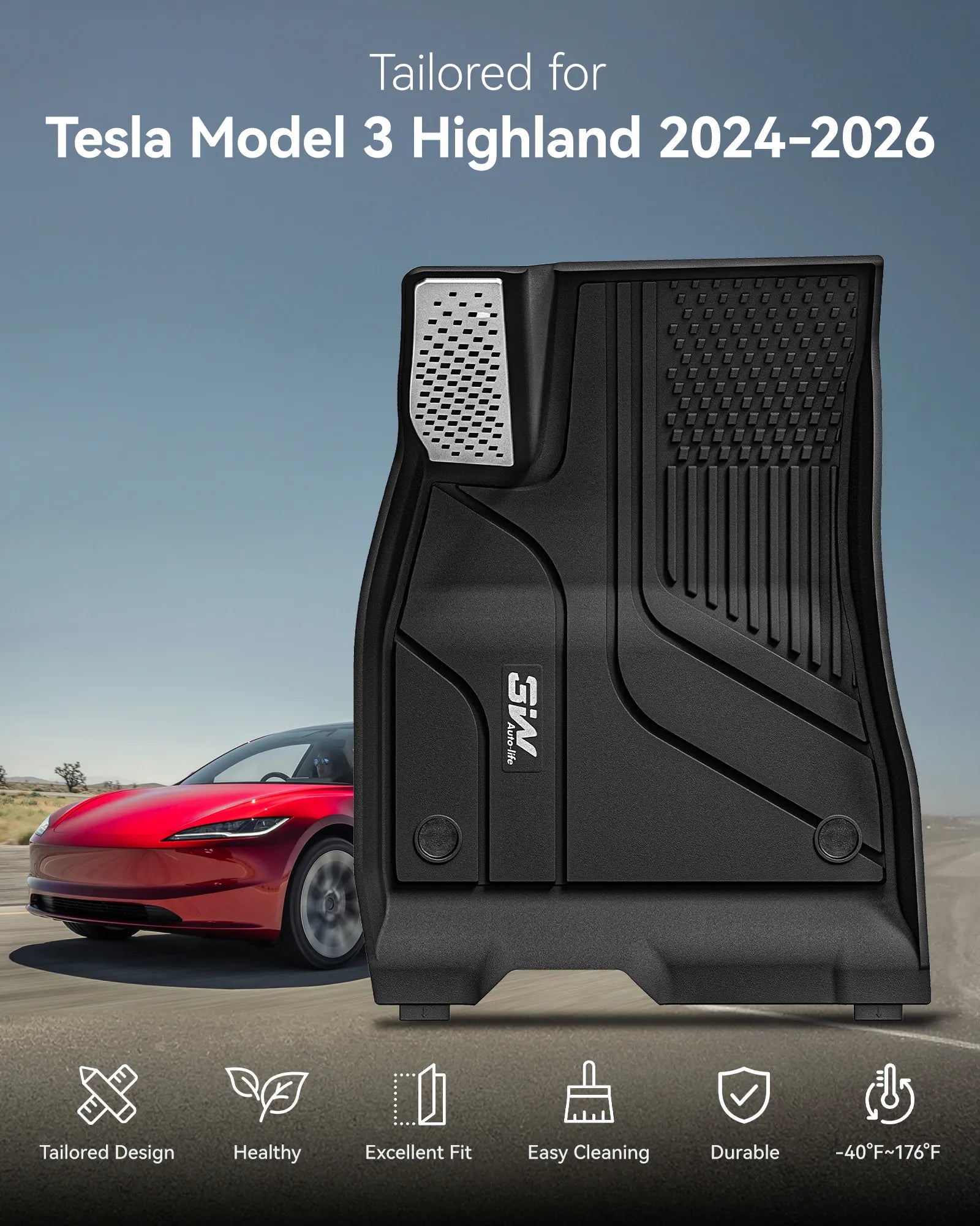 3W Tesla Model 3 2024-2026 Highland New Generation Custom Floor Mats / Trunk Mats TPE Material & All-Weather Protection - CA 3Wliners